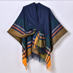 Color Striped Strap Jacquard Warm Tassel Shawl