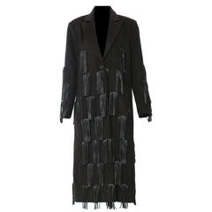 Faux Leather Tassel Mid Windbreaker Woolen Coat