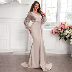 Women Sequined Satin V neck Long Sleeve Evening Gown