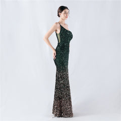 Elegant Velvet Bottom Gradient Sequin One Shoulder Evening Dress