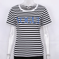 Summer Printed Striped Cotton Short Sleeved T Shirt