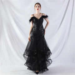 Elegant Ostrich Feather Mesh Floral Sequin Formal Dress