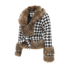 Women Plaid Detachable Short Fur Collar Houndstooth Coat