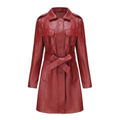 Long Sleeve Mid Length Leather British Coat with Belt