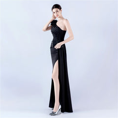 Elegant Leaf One Shoulder Craft Beaded Rhinestone Evening Dress