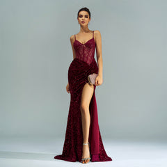 Elegant Cutout Boning Sequined Evening Dress