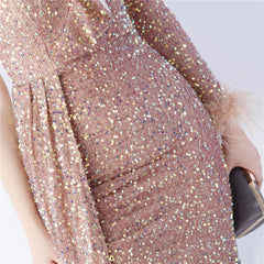 Elegant Feather Ruffled Side Slit Sequined Evening Dress