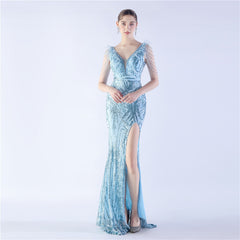 Elegant Feather Beaded Long Sequined Evening Dress