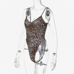 Leopard Print Printed Low Cut V Neck Backless Bodysuit