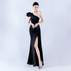 Elegant Leaf One Shoulder Craft Beaded Rhinestone Evening Dress