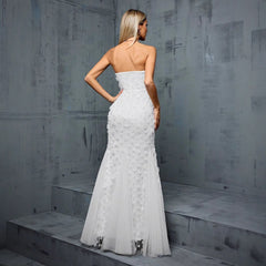 Elegant Beaded Embroidery V Neck White Evening Dress