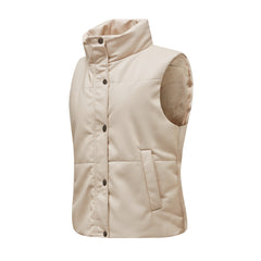 Women Leather Sleeveless Quilted Cotton Padded Jacket