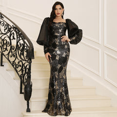 Long Sleeves Sequined Backless Evening Dress