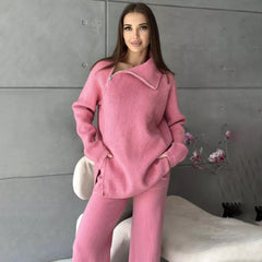 High Collar Zipper Knitted Casual Sweater Two Piece Set