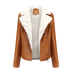 Women Fleece lined Long Sleeve Warm Fur Leather Jacket