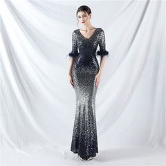 Elegant Feather Gradient Sequin Long Sleeve Evening Dress