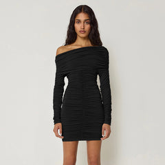 Long Sleeve Sexy One Shoulder Pleated Short Party Dress