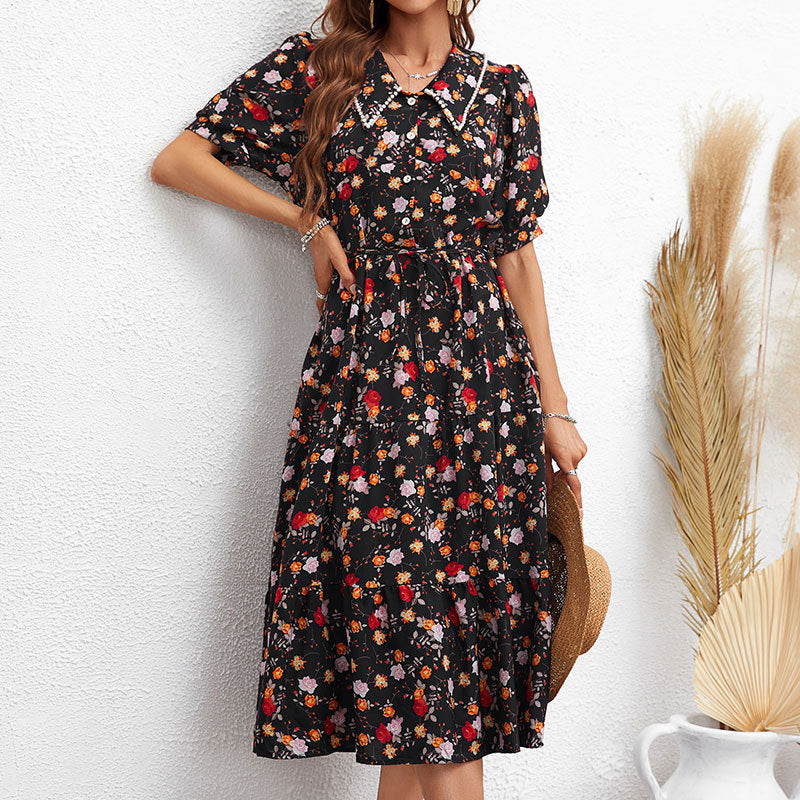 Women Collared Floral High Waist Vacation Dress