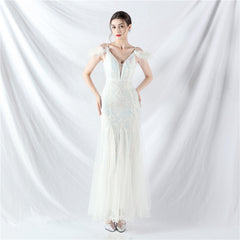 Elegant Ostrich Feather Mesh Sequin Evening Dress