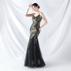 Elegant Sequin V-Neck Mesh Camisole Evening Dress