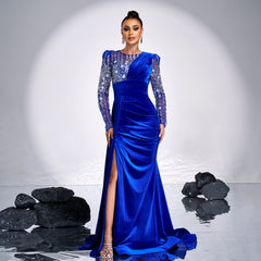 Long Sleeve Rhinestone Sequined Split Evening Dress