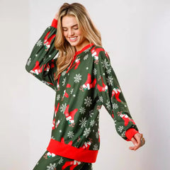 Christmas Printed Button Long Sleeve Two Piece Set