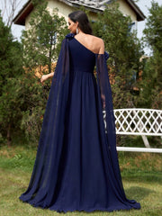 One Shoulder Blue Chiffon Ribbon Fishtail Cocktail Evening Dress