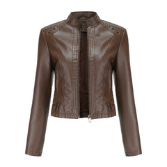 Women Rivets Leather Short Thin Stand Collar Jacket