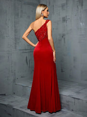 One Shoulder Wine Red Sequin Fishtail Evening Dress