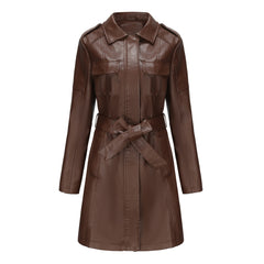 Long Sleeve Mid Length Leather British Coat with Belt