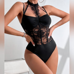 Black Eyelash Lace Halter Boning Corset Bodysuit