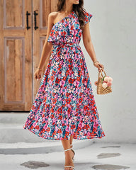 Summer Printed One Shoulder Ruffles Sleeveless Vacation Dress