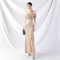 Elegant Ostrich Fur Velvet off Neck Evening Dress