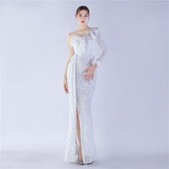 Elegant Feather Ruffled Side Slit Sequined Evening Dress