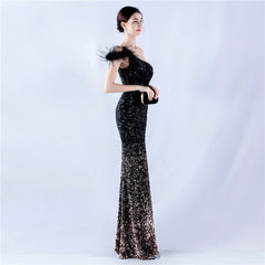 One Shoulder Gradient Velvet Bottom Sequin Feather Evening Dress