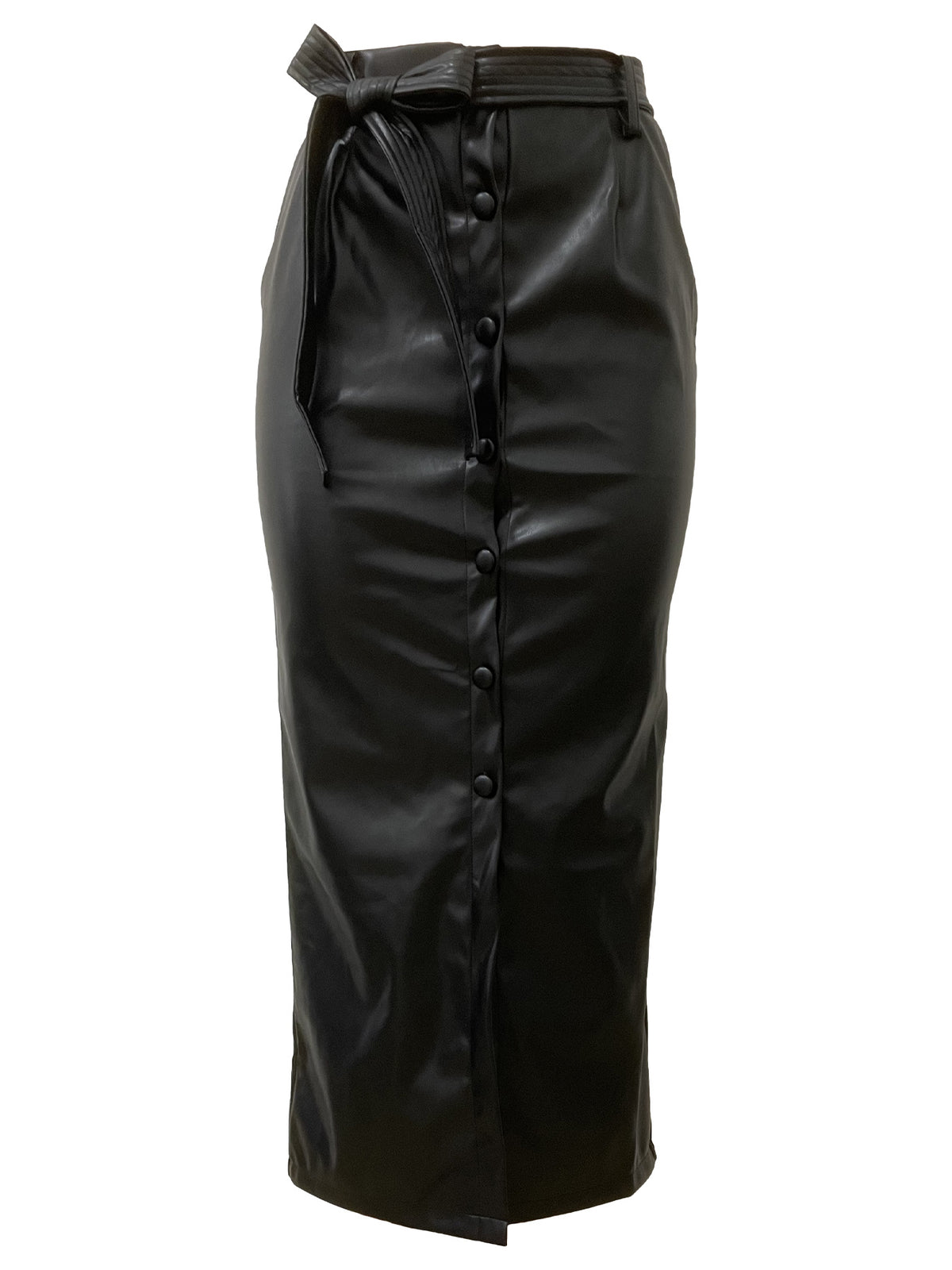 Women Black Faux Leather Slit Slim Skirt