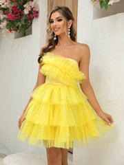 Elegant Tube Top Mesh Ruffle Party Dress