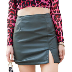 Women Split Faux Leather Short Skirt