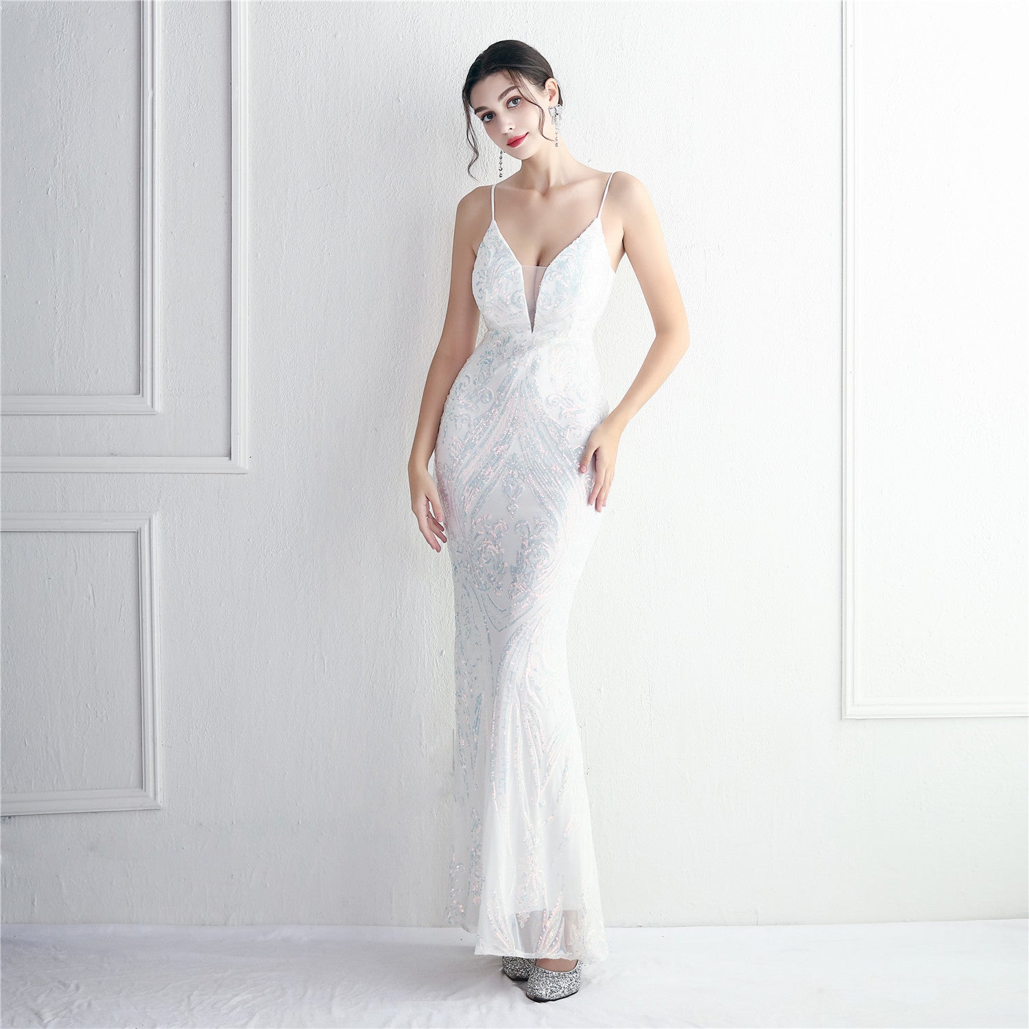 REVCHIC LUXE Elegant V-Neck 3D Floral Sequin Maxi Gown