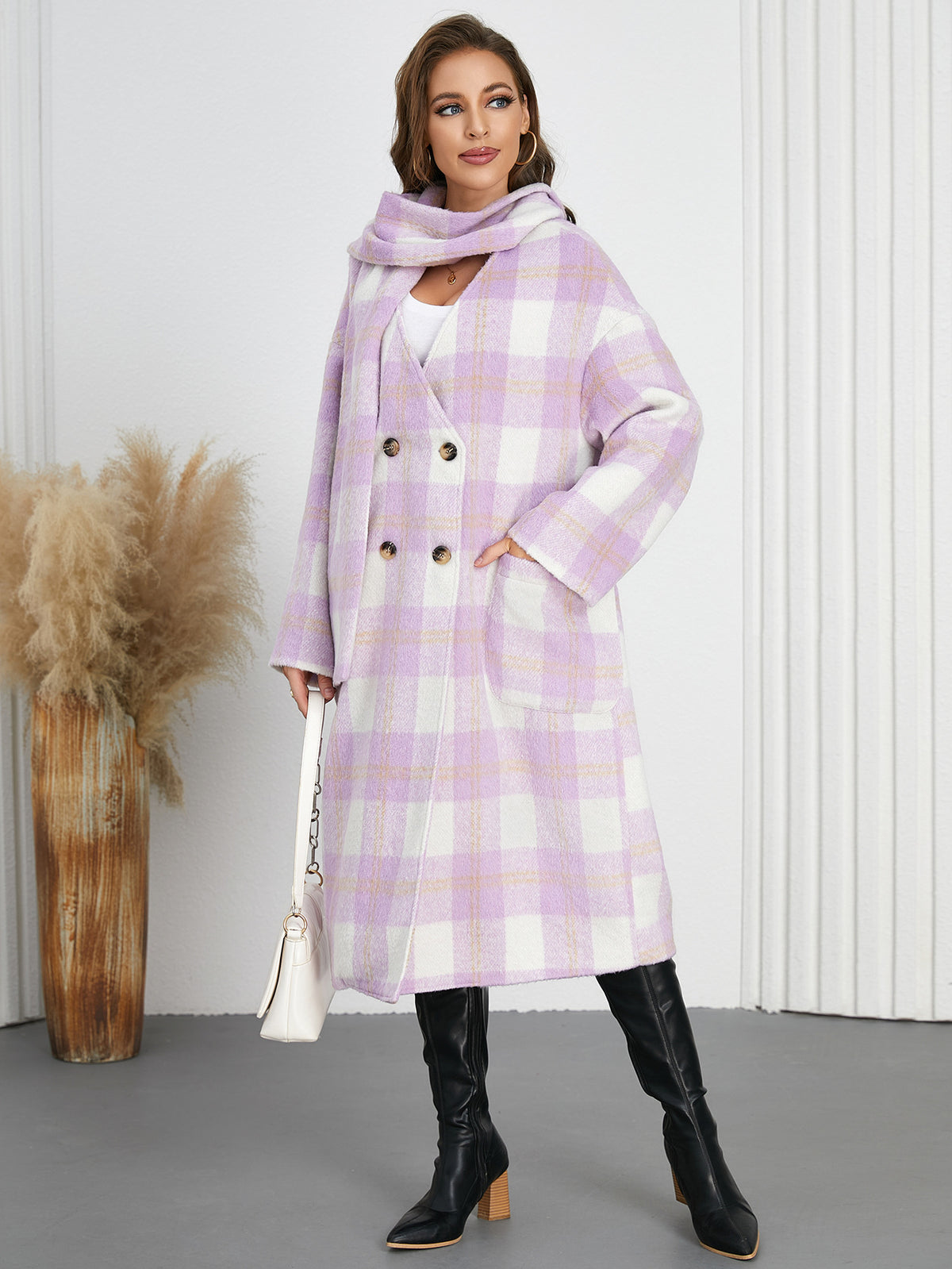 Women Plaid Woolen Elegant Double-Breasted Scarf Coat