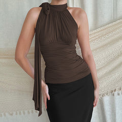 French Scarf Peplum Solid Color Pleated Sleeveless Top