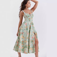 Floral Print Sexy Backless Slit Mid Length Dress