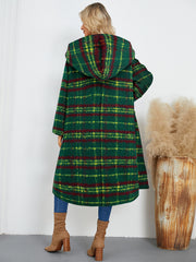 Horn Button Loose Retro Check Hooded Warm Plaid Long Coat