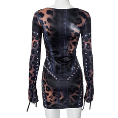 Women Printing Slim Fit Long Sleeve Short Party Dress