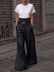 Women High Waist Loose Faux Leather Casual Trousers