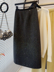 Woolen Dark Sequin High Waist Back Slit Skirt