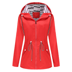 Women Hooded Striped Raincoat Mid Length Trench Coat