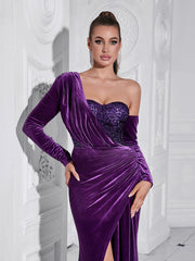 One Shoulder Long Sleeve Purple Sequined Slit Evening Dress