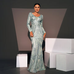 Long Sleeve Elegant Sequin Cocktail Evening Dress