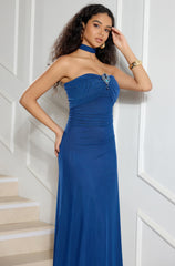 Elegant Mesh Lace Up Blue Slim Fit Party Dress